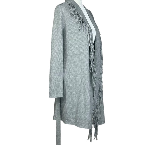 NEW J.Jill Long Fringe Cardi XS Petite Gray Belt Shawl Collar Closet Staple - Picture 3 of 13